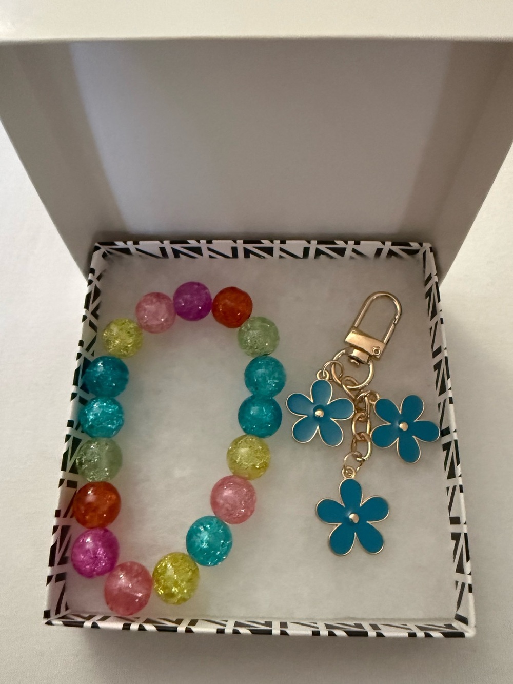 NWOT (Never Worn) Colorful Beaded Stretch Bracelet + Blue Flower Keychain Set
